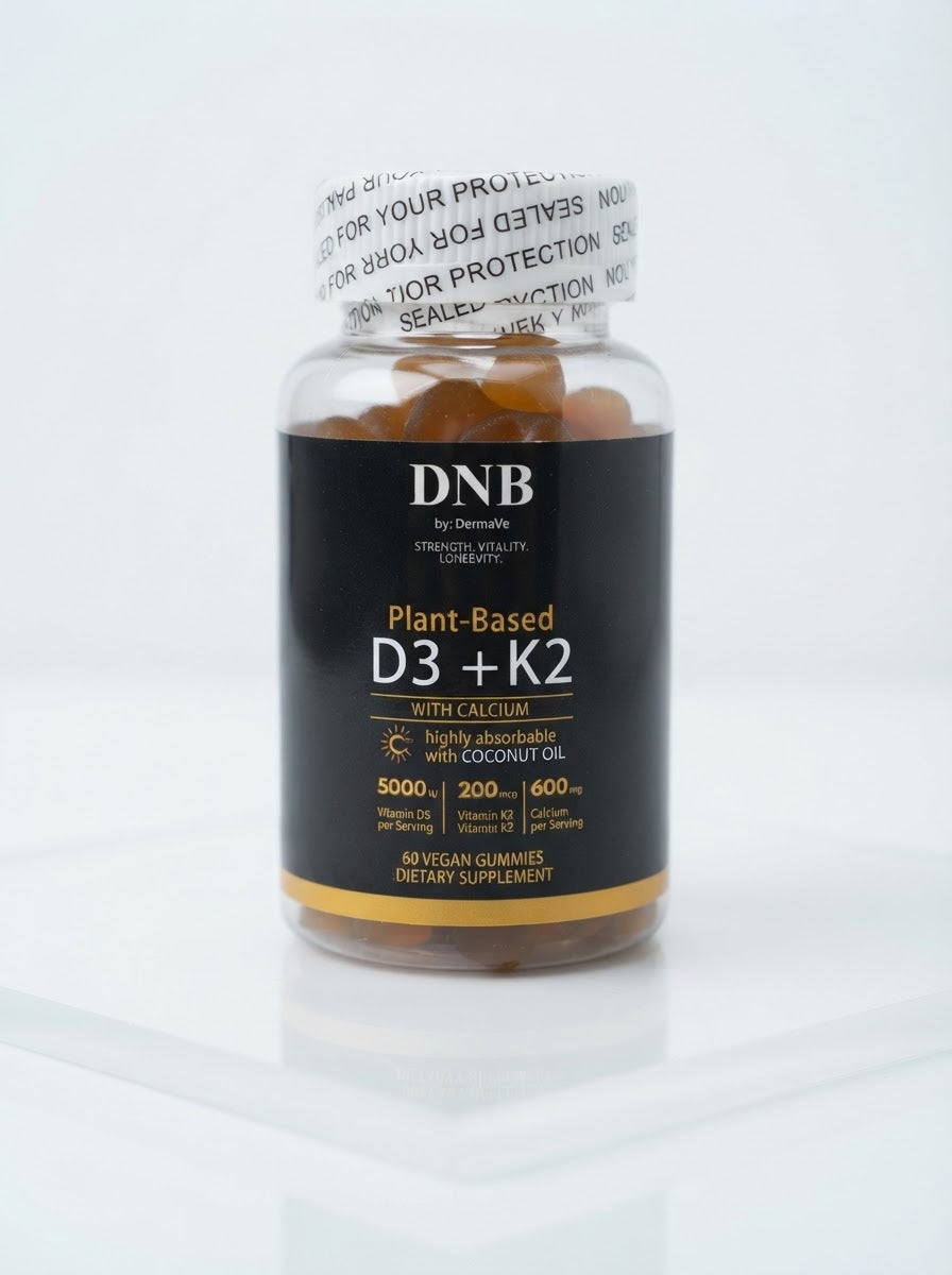 DNB Plant-Based Vitamin D3 + K2 with Calcium & Coconut Oil (5000 IU D3, 200 mcg K2, 600 mg Calcium) – 60 Vegan Gummies Supplement
